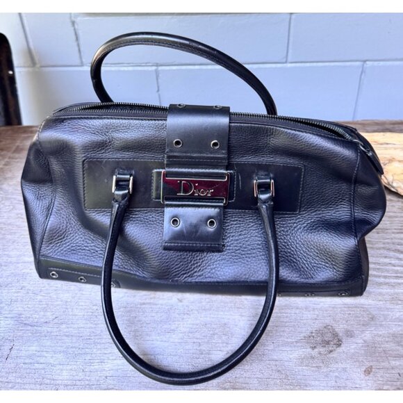 Christian Dior Black Pebbled Leather Bowling Bag Satchel Italy (1 Missing Stud) - Picture 1 of 12